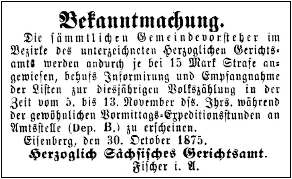 1875-10-30 Kl Volkszaehlung November 1